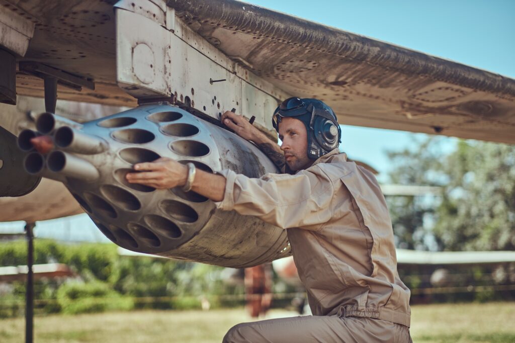 mechanic uniform flying helmet repair old war fighter interceptor open air museum